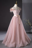 Pink Tulle Beaded Long Prom Dress, Lovely Pink Off the Shoulder Evening Party Dress HZ1024