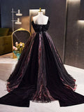 Black Velvet Tulle Long Prom Dress with Rose Print Pattern, Elegant Off the Shoulder Party Dress HZ1024