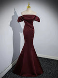 Burgundy Satin Long Prom Dress, Mermaid Off the Shoulder Evening Party Dress HZ1024