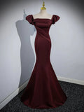 Burgundy Satin Long Prom Dress, Mermaid Off the Shoulder Evening Party Dress HZ1024