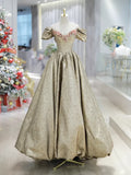 Gold Satin V-Neck Long Prom Dress with Flowers, Off the Shoulder A-Line Formal Dress HZ1024
