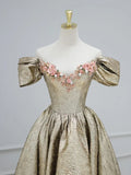 Gold Satin V-Neck Long Prom Dress with Flowers, Off the Shoulder A-Line Formal Dress HZ1024