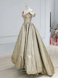 Gold Satin V-Neck Long Prom Dress with Flowers, Off the Shoulder A-Line Formal Dress HZ1024