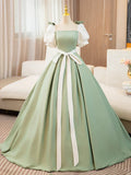 White and Green Satin Long Prom Dress, A-Line Short Sleeve Evening Party Dress HZ1024