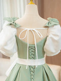 White and Green Satin Long Prom Dress, A-Line Short Sleeve Evening Party Dress HZ1024