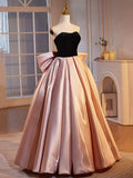 Black Velvet and Pink Satin Floor Length Prom Dress, Beautiful A-Line Strapless Party Dress HZ1024