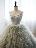 Gray Strapless Tulle Long Prom Dress, Beautiful A-Line Sweetheart Neck Formal Evening Dress HZ1024