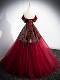 Burgundy Tulle Sequins Floor Length Prom Dress, Off the Shoulder Formal Evening Dress HZ1024