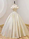 Champagne Off the Shoulder Floor Length Prom Dress, Elegant A-Line Evening Party Dress HZ1024