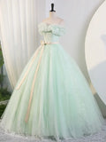 Beautiful Sage Green Tulle Floor Length Prom Dresses, A-Line Off the Shoulder Evening Part Dresses HZ1024