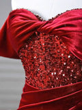 Burgundy Velvet Sequins Long Prom Dress, Mermaid Off the Shoulder Party Dress with Slit HZ1024