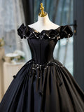 Black A-Line Floor Length Prom Dress with Pearl, Off the Shoulder Evening Party Dress HZ1024