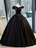 Black A-Line Floor Length Prom Dress with Pearl, Off the Shoulder Evening Party Dress HZ1024
