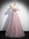Pink Tulle Lace Long Prom Dress with Beaded, A-Line Off the Shoulder Evening Party Dress HZ1024