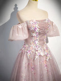 Pink Tulle Lace Long Prom Dress with Beaded, A-Line Off the Shoulder Evening Party Dress HZ1024