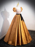 Unique V-Neck Beaded Floor Length Prom Dress, Beautiful A-Line Short Sleeve Party Dress HZ1024
