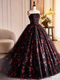 Black Tulle and Red Sequins Long Pom Dress, Beautiful A-Line Strapless Formal Evening Dress HZ1024