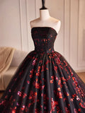 Black Tulle and Red Sequins Long Pom Dress, Beautiful A-Line Strapless Formal Evening Dress HZ1024