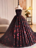 Black Tulle and Red Sequins Long Pom Dress, Beautiful A-Line Strapless Formal Evening Dress HZ1024