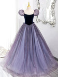 Purple Tulle and Velvet Floor Length Prom Dress, Beautiful A-Line Short Sleeve Party Dress HZ1024