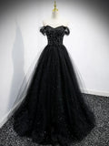 Black Tulle Beaded Floor Length Prom Dress, Black A-Line Off-Shoulder Evening Party Dress HZ1024