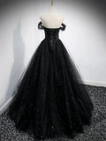 Black Tulle Beaded Floor Length Prom Dress, Black A-Line Off-Shoulder Evening Party Dress HZ1024