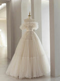 Light Champagne Tulle Lace Floor Length Prom Dress, Beautiful A-Line Evening Party Dress HZ1024