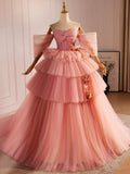 Pink Sweetheart Neck Tulle Long Ball Gown, Beautiful A-Line Evening Party Gown HZ1024