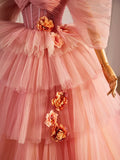 Pink Sweetheart Neck Tulle Long Ball Gown, Beautiful A-Line Evening Party Gown HZ1024