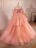 Pink Sweetheart Neck Tulle Long Ball Gown, Beautiful A-Line Evening Party Gown HZ1024