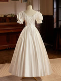 White Satin Tea Length Prom Dress with Lace, Retro A-Line Evening Party Dress HZ1024