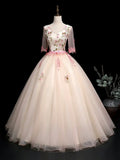 Champagne V-Neck Tulle Lace Long Prom Dress, A-Line Lovely Evening Party Dress HZ1024