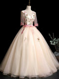 Champagne V-Neck Tulle Lace Long Prom Dress, A-Line Lovely Evening Party Dress HZ1024