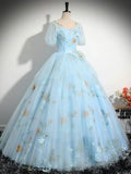 Blue Tulle Floor Length Prom Dress, Beautiful Short Sleeve Evening Party Dress HZ1024