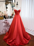 Red Spaghetti Strap Satin Long Prom Dress, Simple A-Line Backless Evening Party Dress HZ1024
