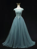 Blue Scoop Neckline Tulle Lace Long Prom Dress, Beautiful Lace Formal Evening Dress HZ1024