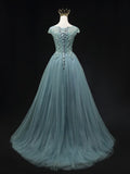 Blue Scoop Neckline Tulle Lace Long Prom Dress, Beautiful Lace Formal Evening Dress HZ1024