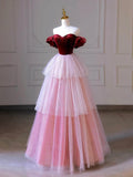 Burgundy Velvet and Layers Tulle Long Prom Dress, Off the Shoulder A-Line Evening Party Dress HZ1024