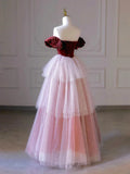 Burgundy Velvet and Layers Tulle Long Prom Dress, Off the Shoulder A-Line Evening Party Dress HZ1024