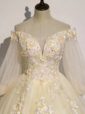 Champagne Tulle Lace Long Prom Dress, A-Line Off the Shoulder Long Sleeve Evening Dress HZ1024