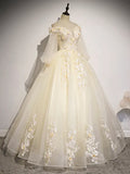 Champagne Tulle Lace Long Prom Dress, A-Line Off the Shoulder Long Sleeve Evening Dress HZ1024
