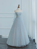 Dusty Blue Tulle Sequins Long Prom Dress, Off the Shoulder Long Sleeve Evening Party Dress HZ1024