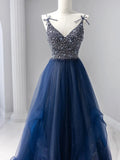 Blue Tulle Beaded Long Prom Dress, A-Line Spaghetti Strap Formal Evening Dress HZ1024