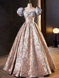 Stylish Floor-Length Printing Prom Dresses, A-Line Short Sleeve Backless Evening Formal Dresses HZ1024