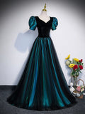Unique Black Velvet and Tulle Long Prom Dress, A-Line Short Sleeve Evening Party Dress HZ1024