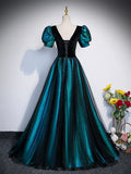 Unique Black Velvet and Tulle Long Prom Dress, A-Line Short Sleeve Evening Party Dress HZ1024