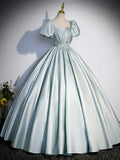 Beautiful Satin Floor Length Prom Dress, A-Line Short Sleeve Evening Party Dress HZ1024