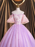 Purple Tulle Sequins Long Prom Dress, A-Line Off the Shoulder Evening Party Dress HZ1024