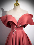Beautiful Satin Off Shoulder Long Party Dress, A-Line Pearl Floor Length Prom Dress HZ1024
