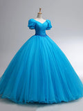 Beautiful Blue Rhinestone Floor Length Prom Dress, A-Line Short Sleeve Evening Dress HZ1024